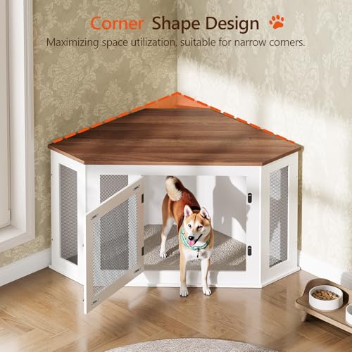 Corner Dog Crate Furniture, Wooden Dog Kennel End Table, Decorative Pet Crate Indoor Use, Furniture Style Dog House for Small Medium Dog