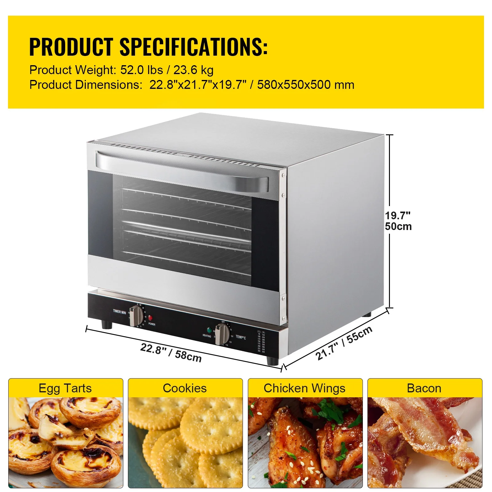 SKYSHALO Commercial Convection Oven, 66L/60Qt, Half-Size Conventional Oven Countertop, 1800W 4-Tier Toaster with Front Glass Door