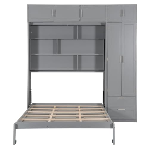 Merax Queen Size Murphy Bed with Top Cabinet, Shelves and Wardrobe, Fold into The Wall, Multifunctional Foldable Platform Bed Frame for Bedroom
