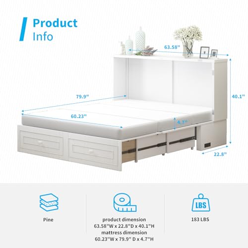 Mjkone Murphy Bed Cabinet, Queen Size Cabinets Bed Chest with USB Charging Station & Tri-Folding Mattress