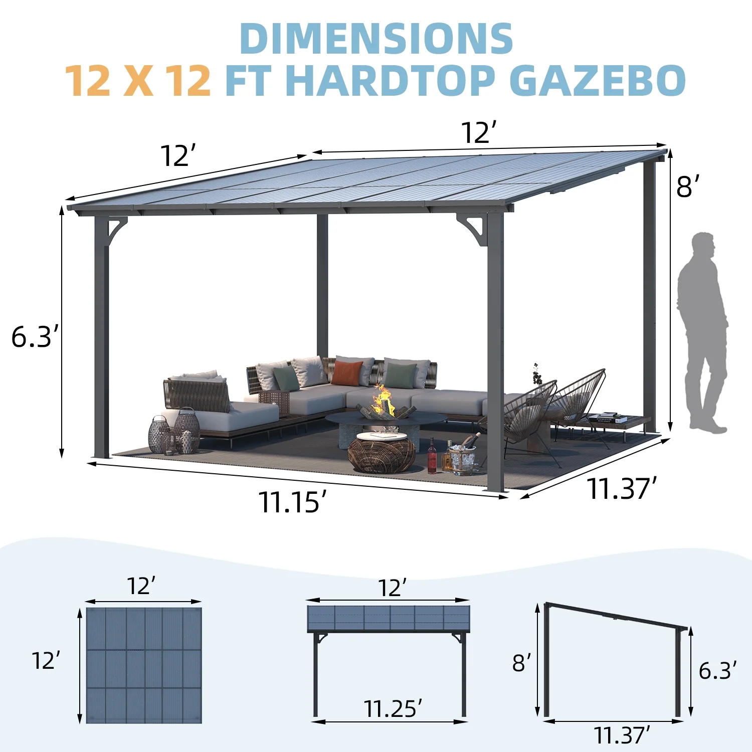 AECOJOY 12' x 12' Hardtop Gazebo Outdoor Aluminum Pergola ​For Garden, Patio, Backyard-​Gray