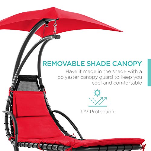 Best Choice Products Outdoor Hanging Curved Steel Chaise Lounge Chair Swing w/Built-in Pillow and Removable Canopy -Red