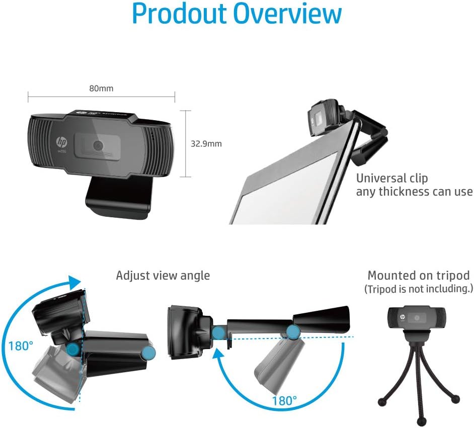 HP W200 Webcam, 720P HD, UVC Plug and Play, Built-in Microphone