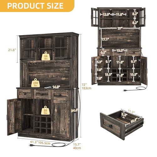 DWVO Coffee Bar Cabinet with Power Outlet/Lights, 72" Farmhouse Pantry Cabinet with Storage Shelves and 3 Drawers