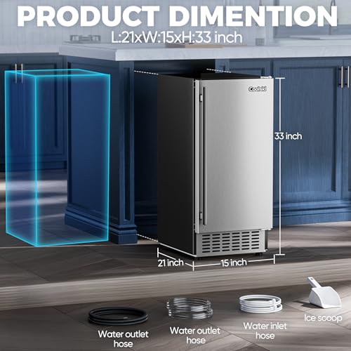 Coolski 15" W Commercial Under Counter Ice Maker Machine, 80 LBS/Day Stainless Steel Built-in Freestanding Ice Maker with Water Filter