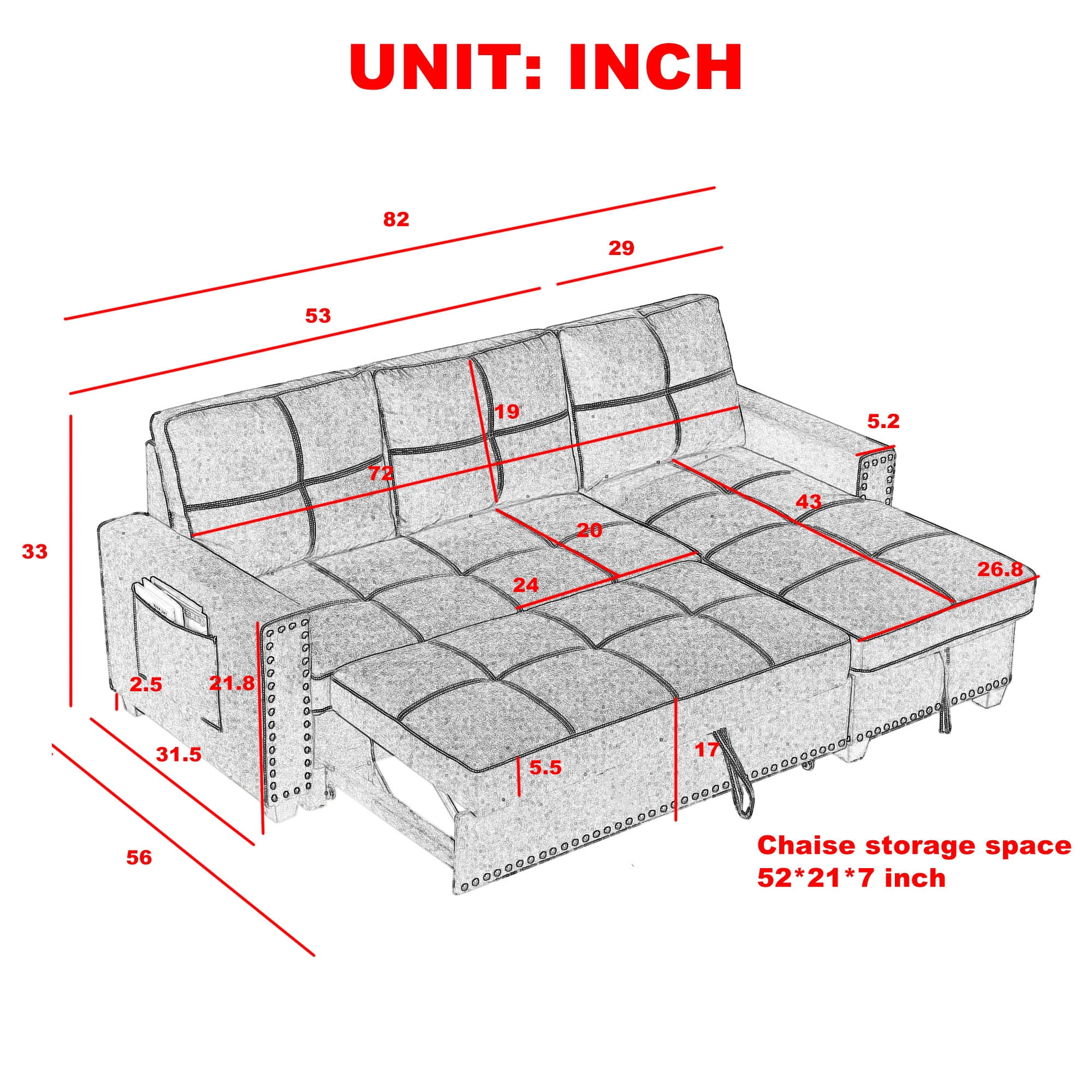 Muumblus 82" Sleeper Sofa Bed Reversible Sectional Couch with Storage Chaise, Modern Queen Size Convertible Pull Out Sofa Bed for Living Room
