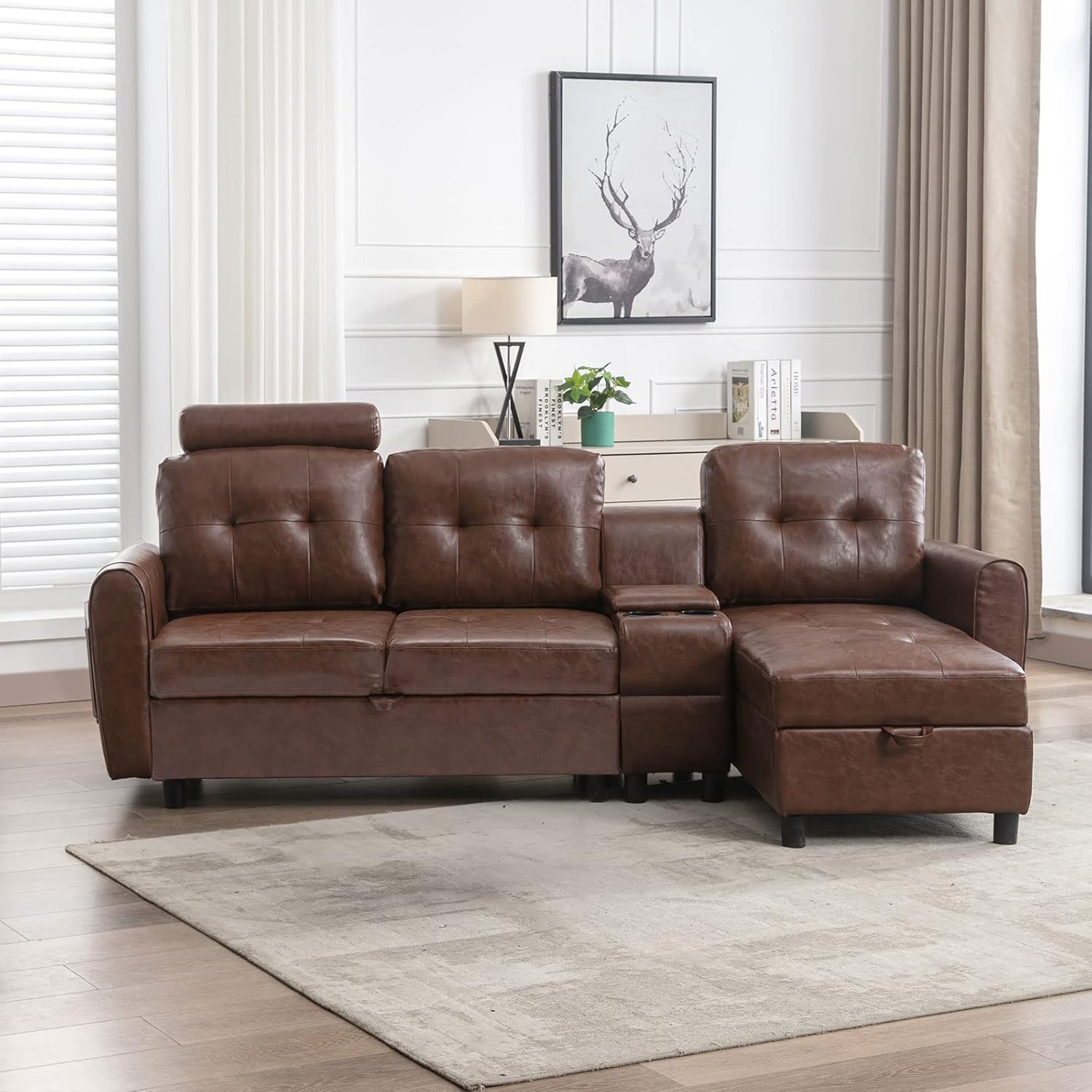 GNIXUU 89" Sectional Storage Sofa, L Shaped Couch with Cup Holders & Adjustable Headrest, 3 Seat Couches for Living Room, Small Spaces, Apartment