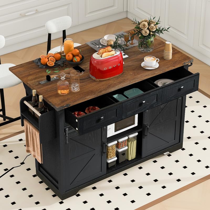 53.7" Farmhouse Kitchen Island with Power Outlet, 2 Sliding Barn Door Kitchen Storage Island with Drop Leaf