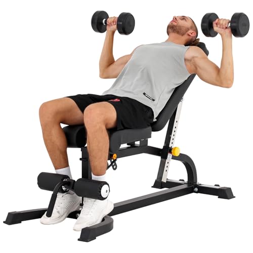 Altas Strength Adjustable Utility Bench Three Workout Stations In One Home Gym With Leg developer Preacher Curl Attachment Smith Machine Light