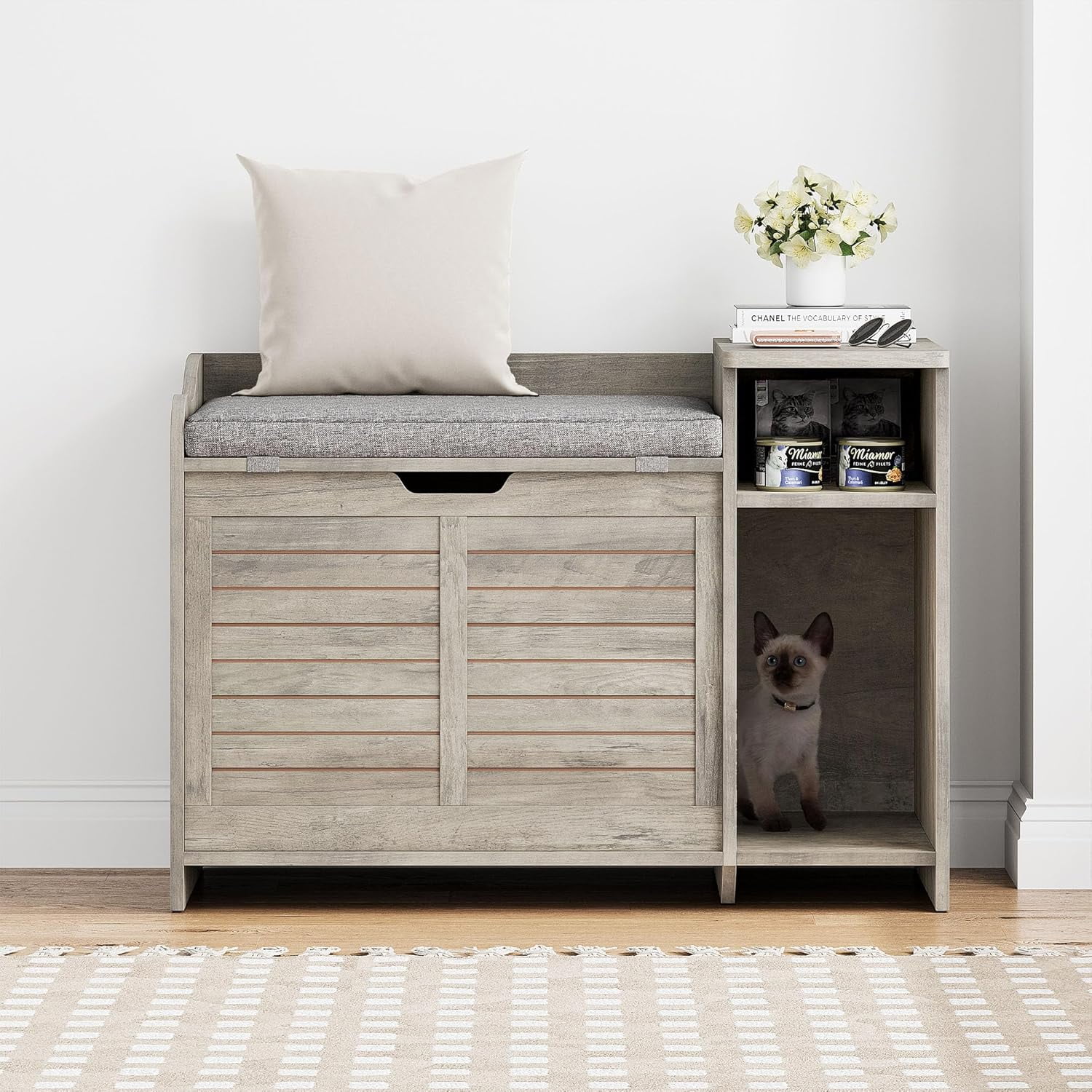 OUTGOODS Hidden Cat Litter Box Furniture, Fir Wood Enclosure Cabinet w/ Storage