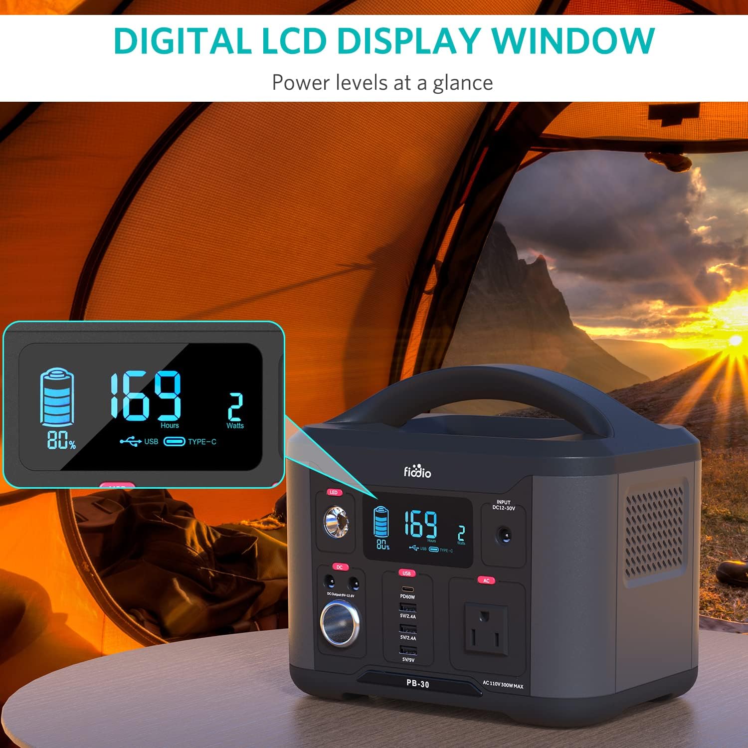 Fiodio Portable Power Station 300Wh, Solar Generator with AC110V 300W AC Outlet, PD 60W Quick Charge, Charge up to 8 Devices