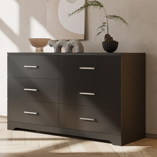 6 Drawer Dresser for Bedroom, Black Dresser Chest of Drawers, Wooden Bedroom Dresser TV Stand, Large Dresser Storage Chest with Deep Drawers