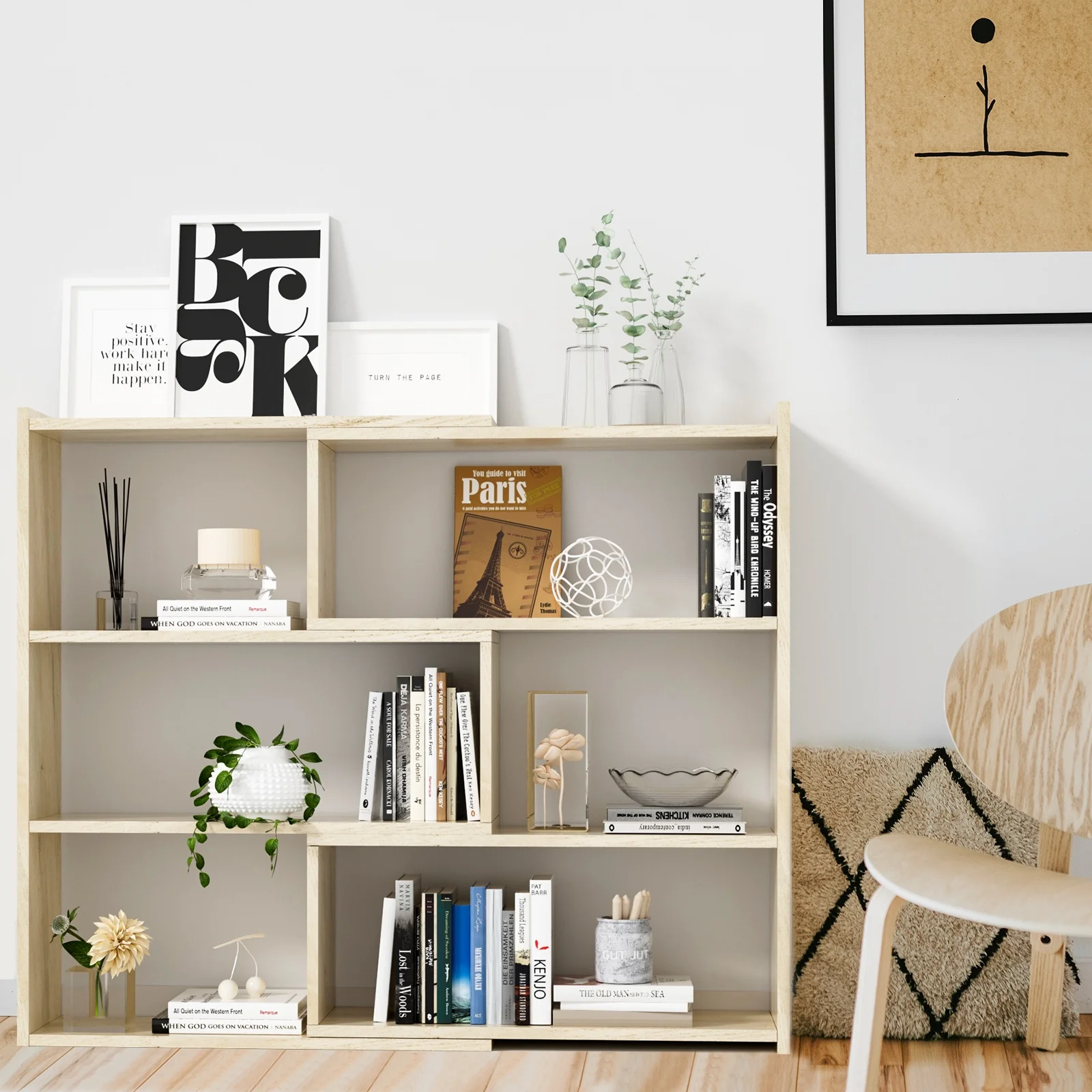 Kaboon Wood Bookshelf Expandable 30-55 inch Wide, 4-Tier Shelving Unit, Large Corner Bookcase