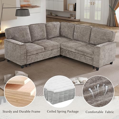 L-Shaped Pull Out Sleep Sofabed,Modern Reversible Sleeper Sectional Sofa Chenille Upholstered Button Tufted Decor with Storage Chaise