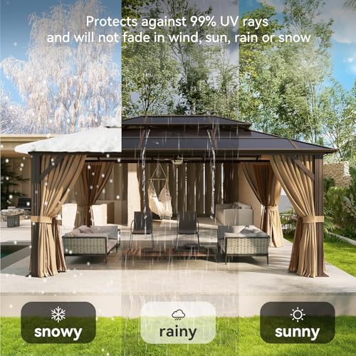 Aoxun 12'x10' Hardtop Gazebo, Aluminum Frame Permanent Pavilion with Curtains and Netting, Outdoor Polycarbonate Double Roof Canopy
