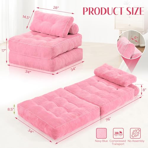 HABUTWAY Folding Sofa Bed, Convertible Sleeper Chair Bed w/Dual-Pillow & Handle, Foldable Floor Sofa Lounge w/Back Support for Living Room, Bedroom