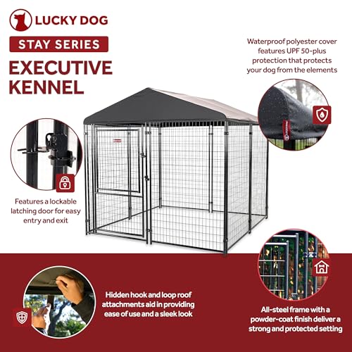 Stay Series 4 by 4 by 4.3 Feet Studio Jr. Black Powder Coat Steel Frame Outdoor Dog Kennel with Waterproof Canopy Roof and Gate Door, Khaki