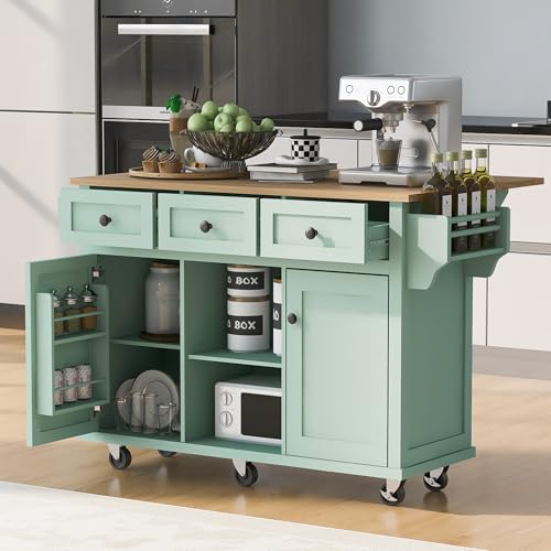 Rolling Kitchen Island with Drop Leaf & Power Outlet, Large Kitchen Islands Cart on Wheels