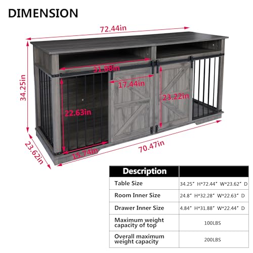Aoowow Large Double Dog Crate Furniture 72.4" Indoor Dog Kennel with Sliding Barn Door and Divider