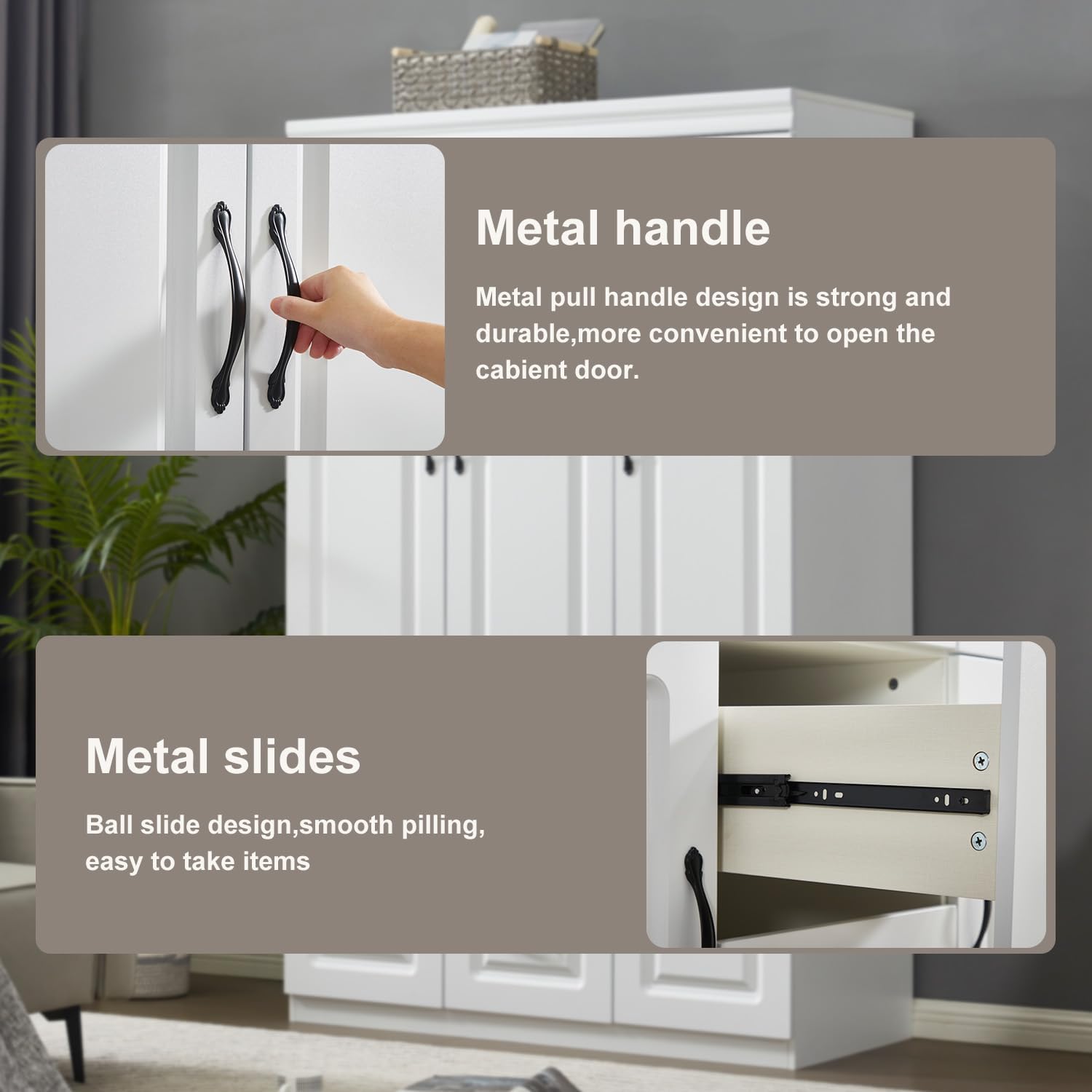 Wardrobe Armoire Storage Cabinet Wood, 3 Door 2 Drawers White Closet Wardrobe for High Storage Capacity