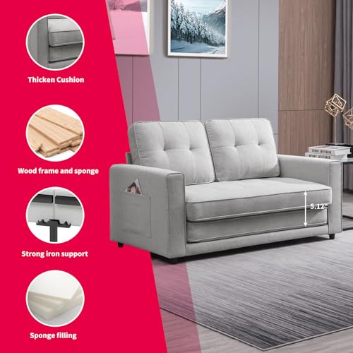 MUZZ Pull Out Couch, 55" W Upholstered Loveseat, Futon Sleeper Couch with 2 Side Pockets, Gaming Floor Couch Bed for Living Room, Bedroom