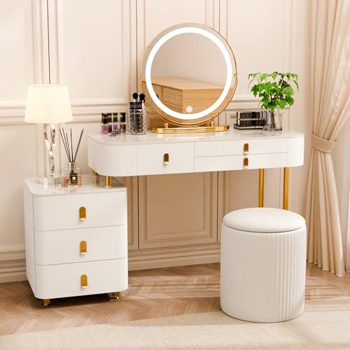 Makeup Vanity Set,Desk with Mirror and Lights,6 Large Capacity Wood Drawers and Soft Petal Chair