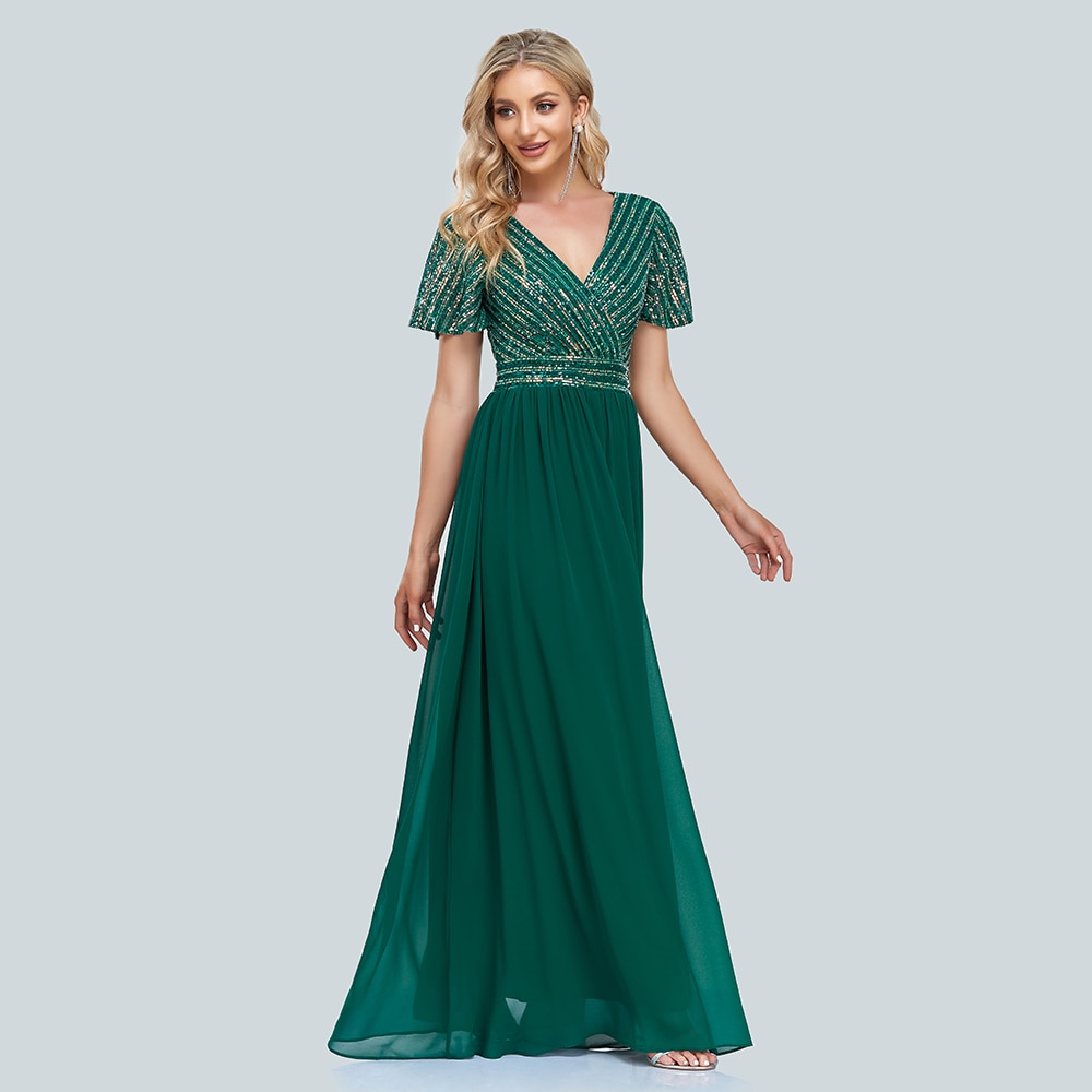 2023 New Women Green Evening Dresses Elegant V-Neck Sequins Chiffon Formal Gown Robe Vestidos De fiesta Dress For Wedding Party