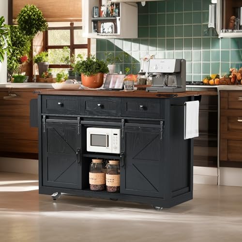 53.7" Farmhouse Kitchen Island with Drop Leaf,2 Drawers,Kitchen Storage Island with Power Outlet,Spice Rack