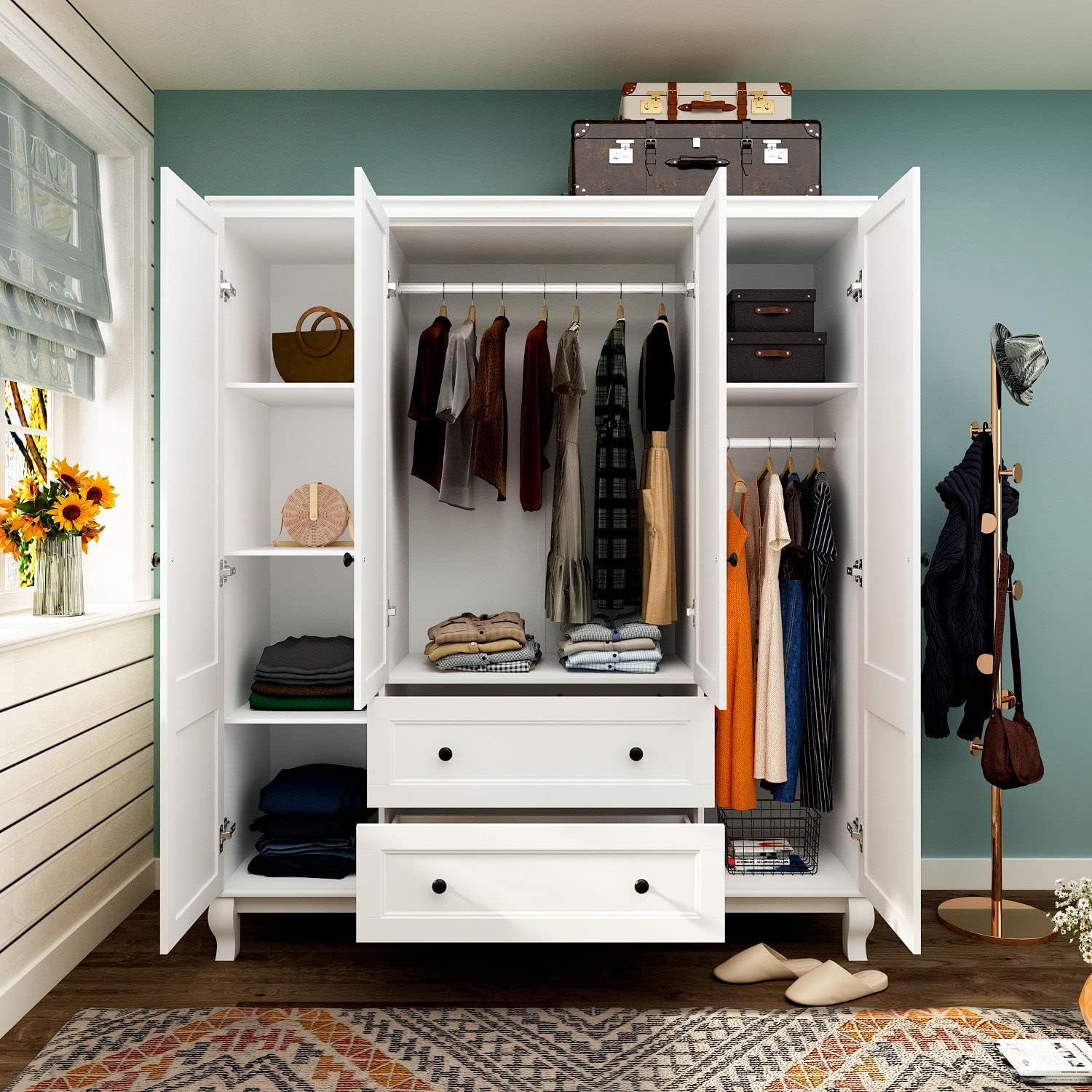 MOUMON Large 4-Door Wardrobe Closet with Doors and Shelves, Armoire Wardrobe Closet with Hanging Rod, Clothes Wardrobe with 2 Drawers