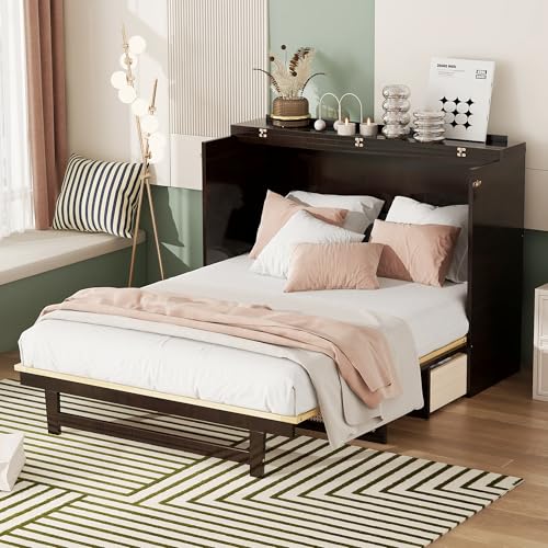 KEIKI Queen Size Cabinet Murphy Bed with Charging Station and Drawer, Multiple Storage Foldable Hideaway Wall Murphy Bed Frame with Solid Slat