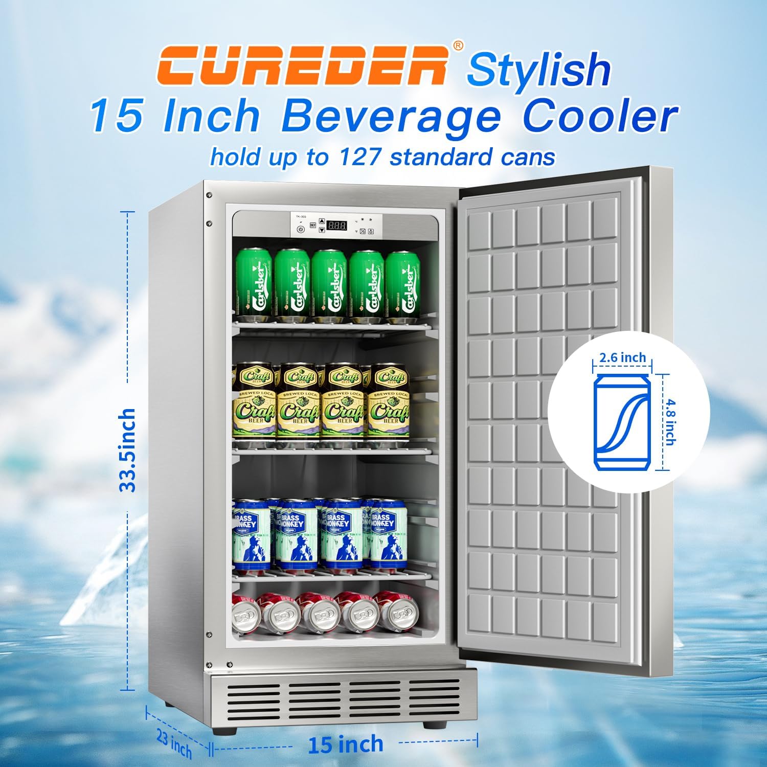 15 Inch Outdoor Refrigerator, Weather Proof Stainless Steel Beverage Beer Cooler Under Counter Fridge