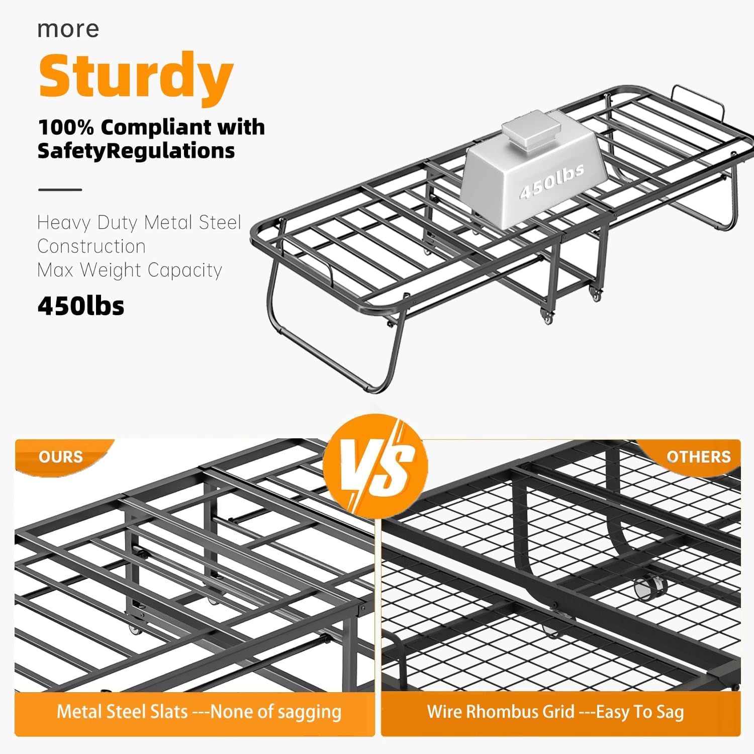 75x38 Twin Size Bed Frame - Portable Foldable Roll Away Adult Bed for Guest with Twin Memory Foam, Space Saving Fold Up Bed for Easy Storage