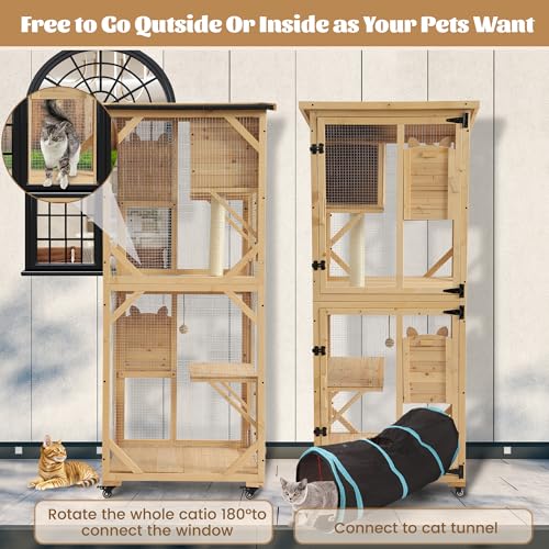 MAGIC UNION 71" Catio Outdoor Cat Enclosure Window Access, 4 Tiers Cats Playpen Catio with Wheels, Resting Box & Waterproof Roof