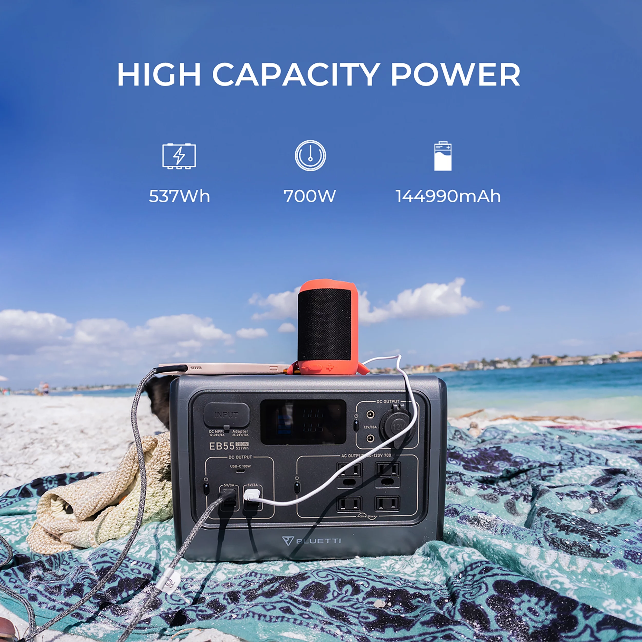 Bluetti Portable Power Station EB55, 537Wh Capacity Solar Generator, 700W AC Outlets (1400W Peak), for Outdoor Camping, Off-grid, Blackout