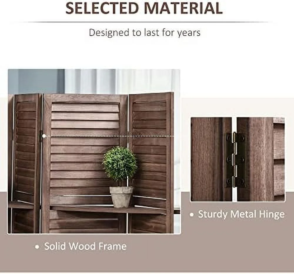 HOOMHIBIU 4-Panel Folding Room Divider  5.6 Ft Freestanding Paulownia Wood Privacy Screen Panel with  Shelves for Bedroom or Office  Walnut