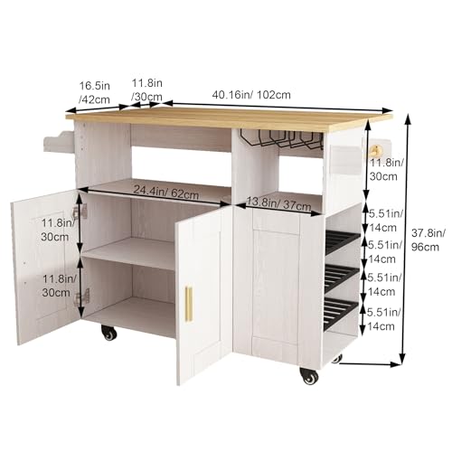 Rolling Mobile Kitchen Island Cart with Desktop Drop Leaf Countertop, Island Table Storage with 5 Wheels