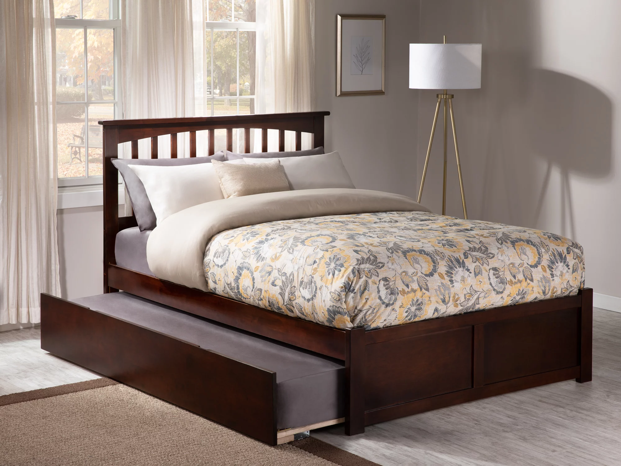 AFI Mission King Solid Wood Platform Bed with Footboard and Twin XL Trundle in Walnut