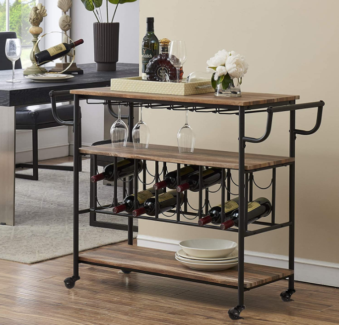 HOMYSHOPY Industrial bar cart with wine rack and glass rack, mobile wine cart with wheels suitable for households