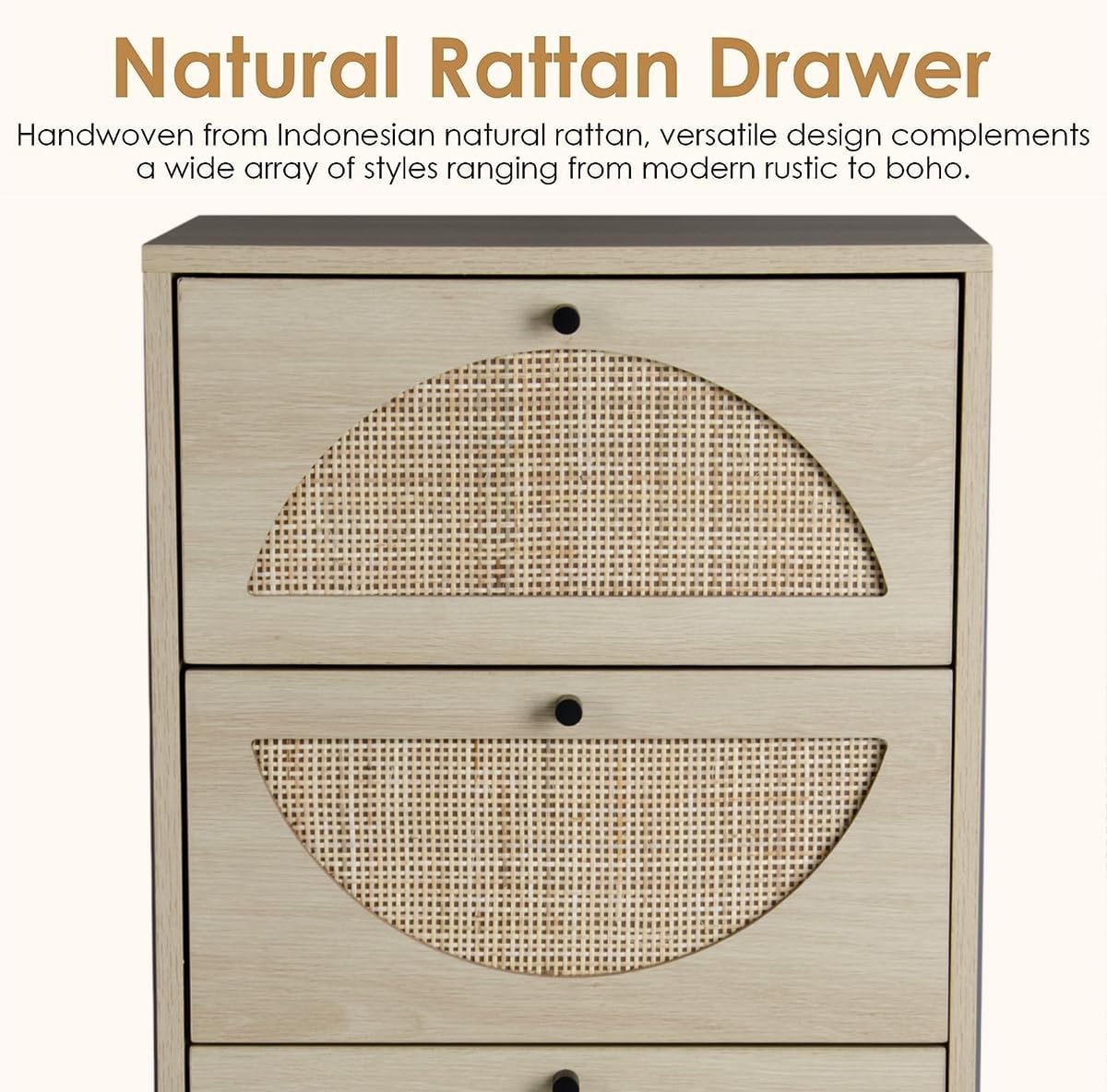 8 Drawers Dresser Storage Tower for Bedroom, Natural Rattan Dresser Modern Closet Dressers Chest of Drawers W/ Steel Legs