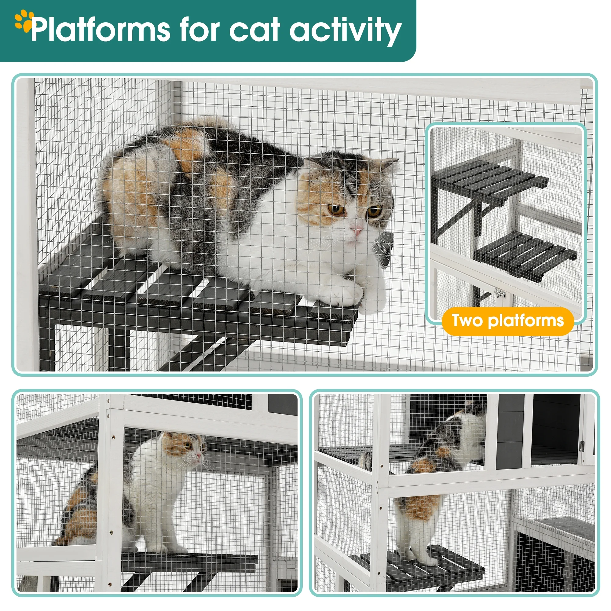 Syngar Luxury 3-Tier Wooden Cat Cage, Outdoor Medium Catio Enclosure with 2 Jump Platforms, 2 Resting Room, and 1 Loft