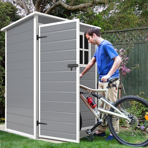 DWVO 5x3ft Resin Outdoor Storage Shed with Floor, Waterproof Lockable Storage Shed with Window, Plastic Outside Tool Storage for Garden, Backyard