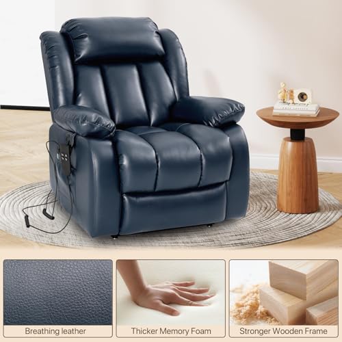 EDILLY Large Genuine Leather Power Lift Recliner Chairs for Elderly, Dual Motor with Massage and Heating,Double Lumbar Cushion and Extended Footrest