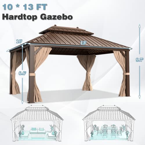 MELLCOM 10'x13' Hardtop Gazebo with Polycarbonate Double Roof, Aluminum Frame Outdoor Gazebo Permanent Pavilion with Curtains and Netting for Patio