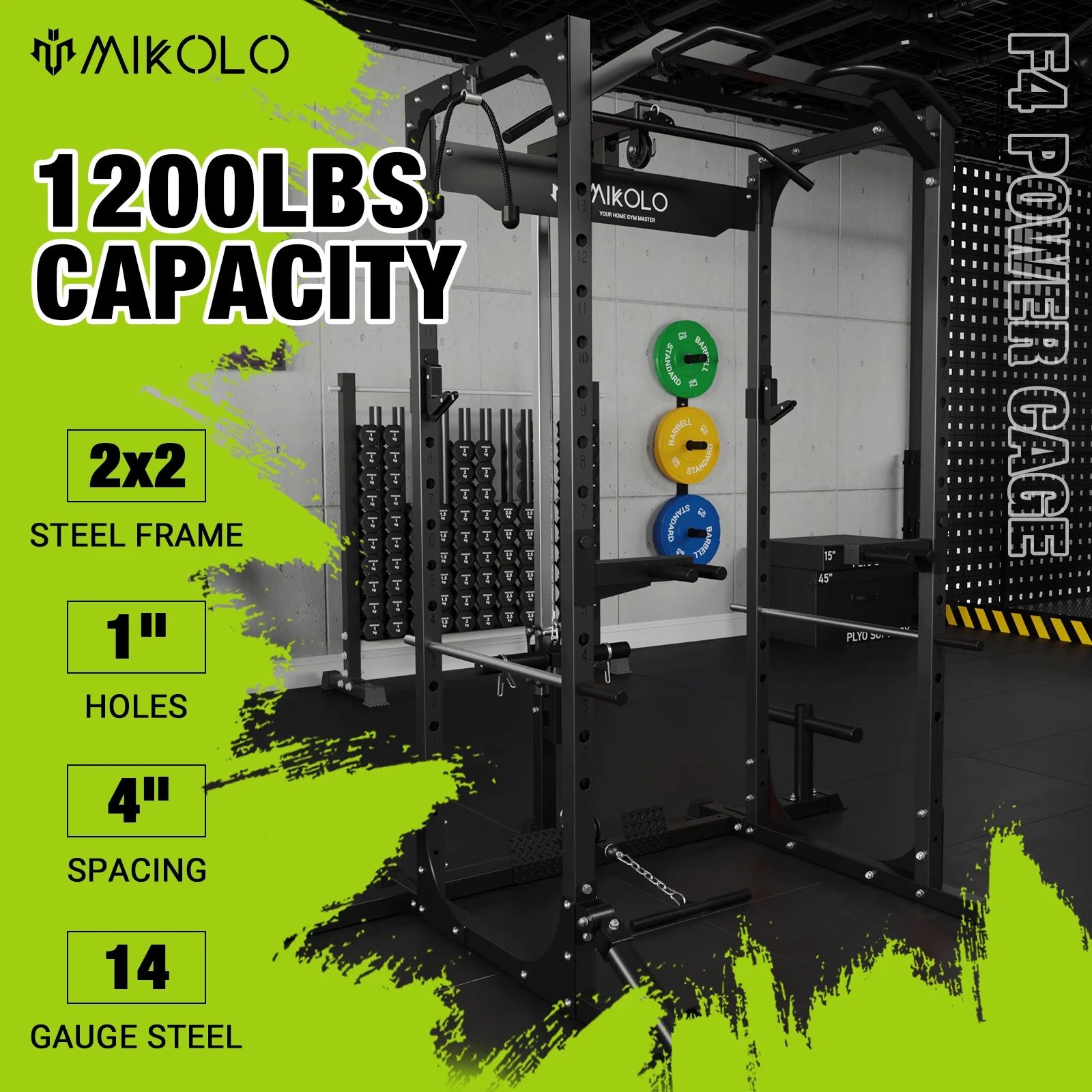 Mikolo Power Rack Cage with LAT Pulldown System,1200LBS Capacity Power Rack, Multi-Functional Squat Rack with 13-Level Adjustable Height and J-Hooks