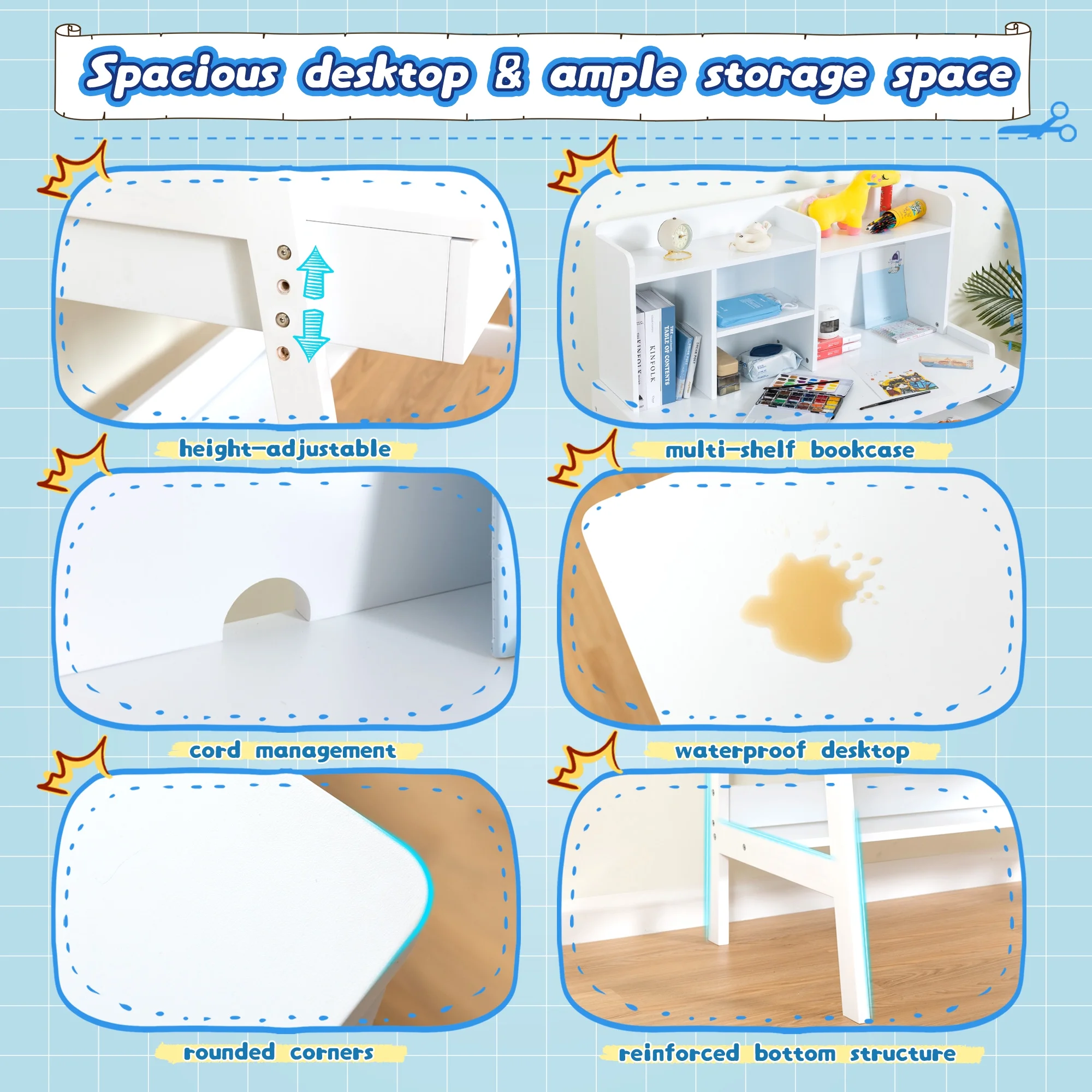 Kids Desk and Chair Set, White Wooden Study Desk for Kids with Drawers