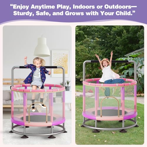 60" Trampoline for Kids, Anti-Rollover Round Bottom Baby Toddler Trampoline with Basketball Hoop, Indoor/Outdoor Kid Trampoline with Enclosure Net