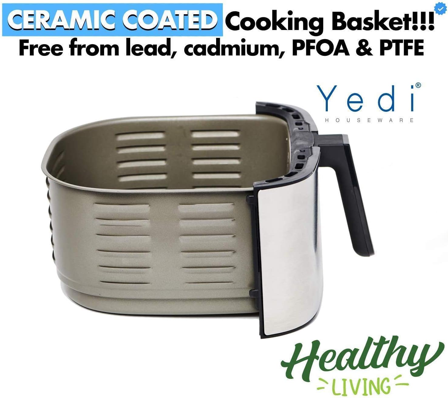 Yedi Evolution Air Fryer, 6.8 Quart, Stainless Steel, Ceramic Cooking Basket, with Deluxe Accessory Kit and Recipe Book