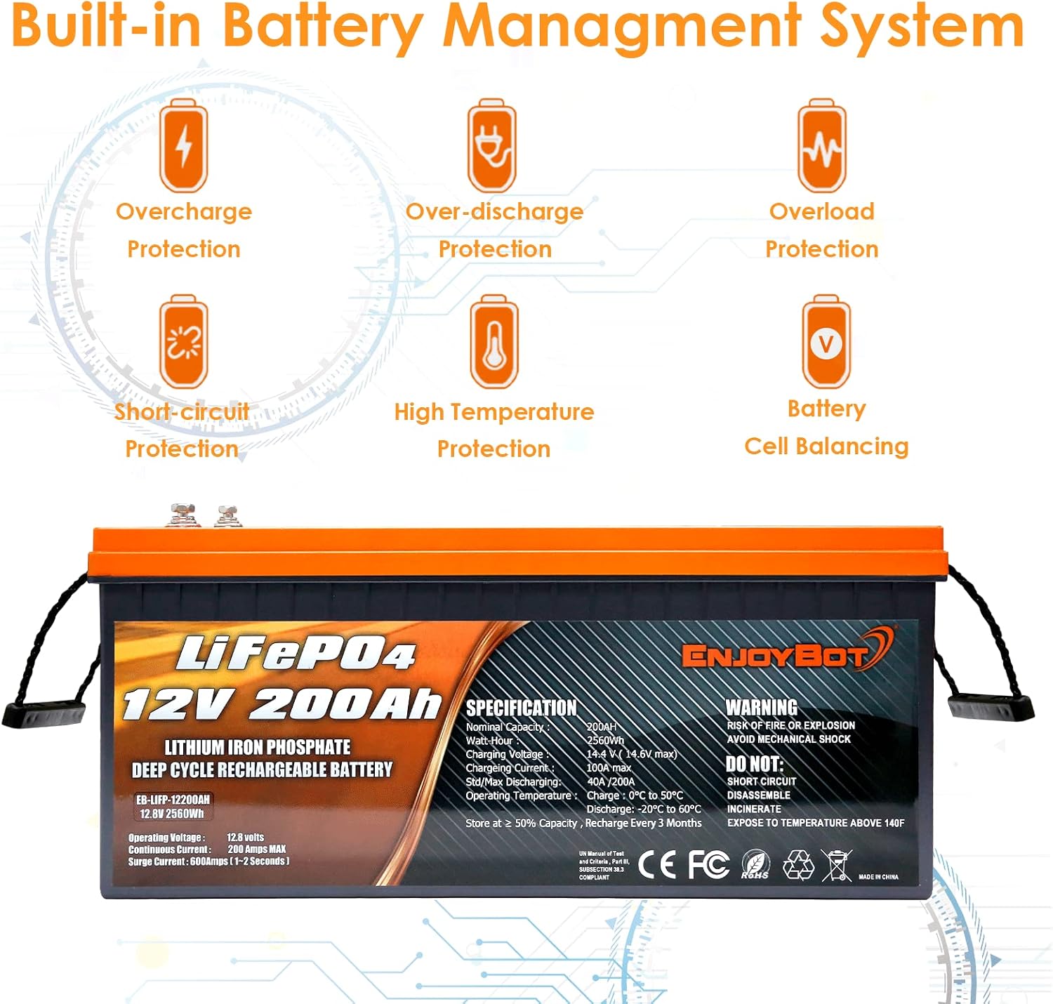 Enjoybot Deep Cycle Battery LiFePO4 12V 300Ah, Built-in 200A BMS, Lithium Iron Phosphate Battery for Solar RV Marine Camping