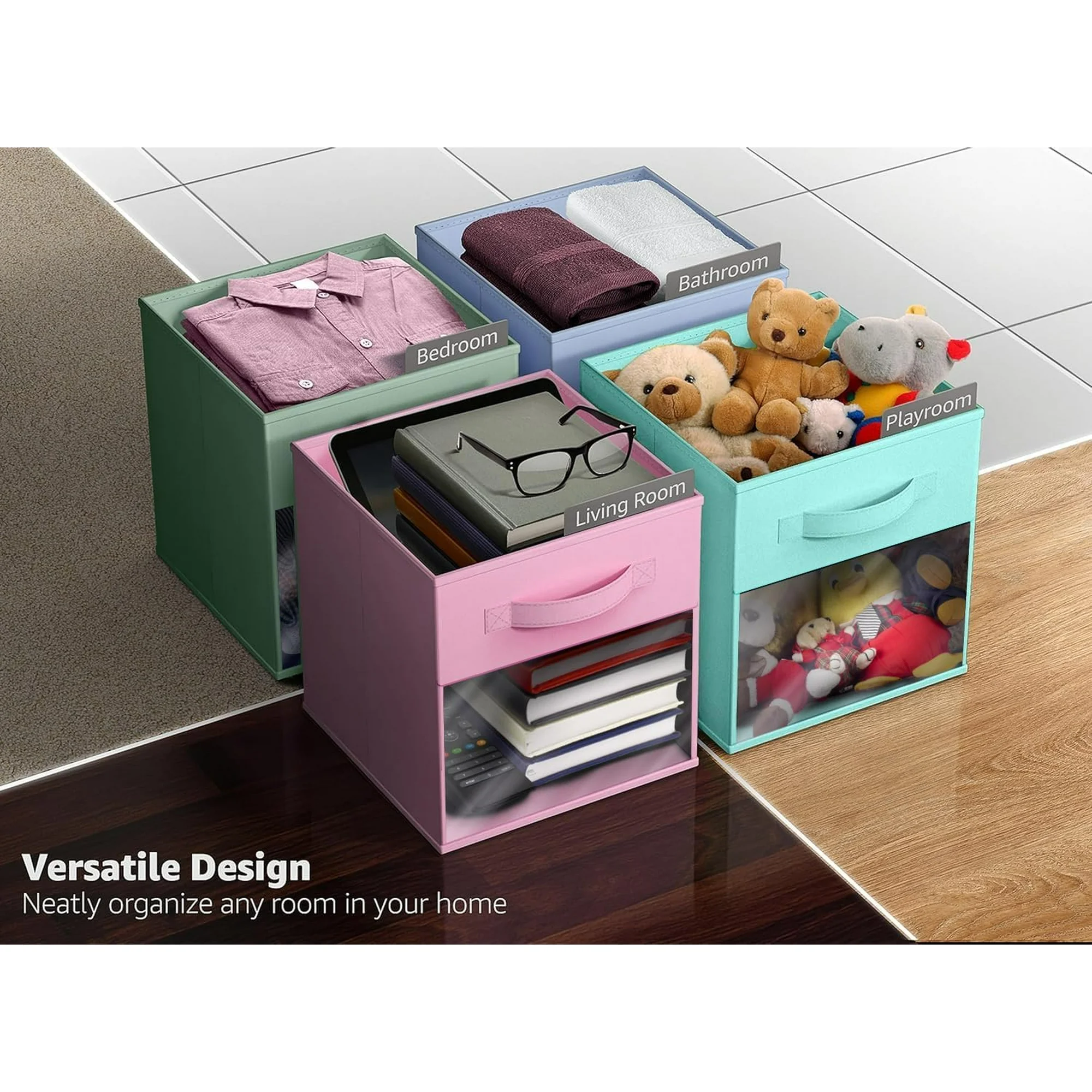 13 Inch Foldable Storage Bins with  Window - 6 Pack Fabric Baskets for Clothes, Toys &amp; Books
