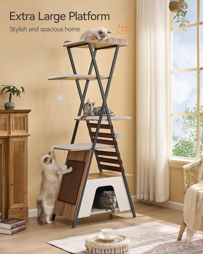 FourFurPets 72.4" Modern Cat Tower for Indoor Cats - Multi-Level Condo With Caves, Tall Tree With Scratching Board, Wooden Tower With Large Perch